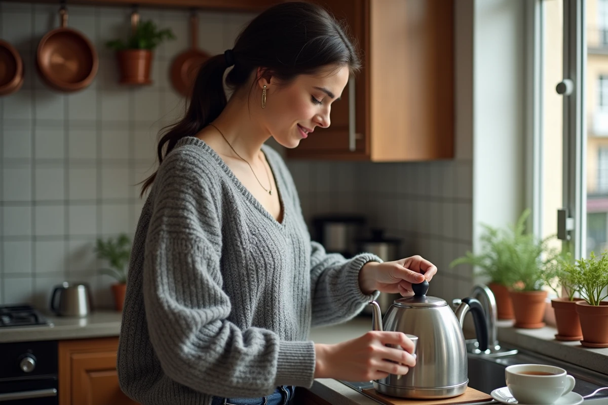 Femme dans une cuisine parisienne typique préparant du thé, atmosphère chaleureuse et quotidien authentique