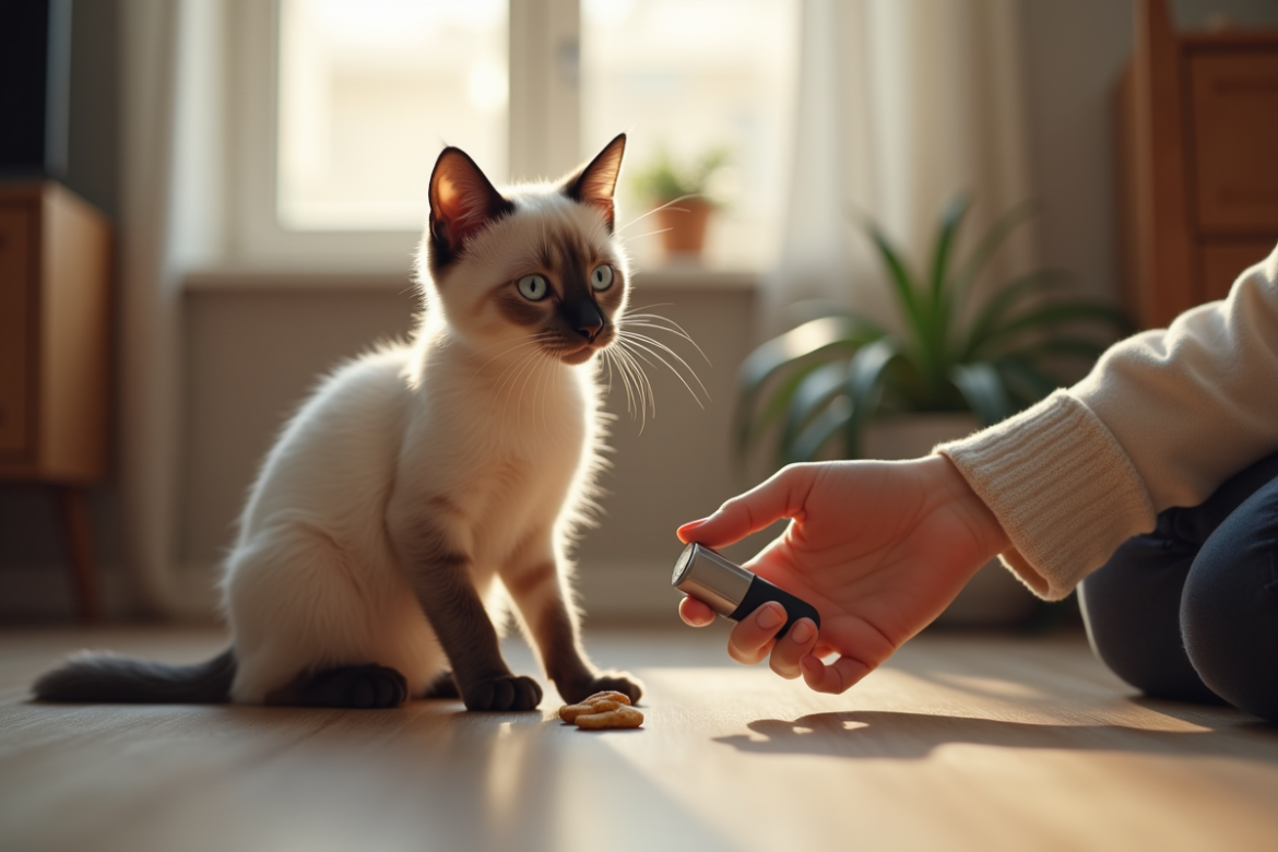 Jeune chat siamois assis près d'une personne avec clicker et friandise