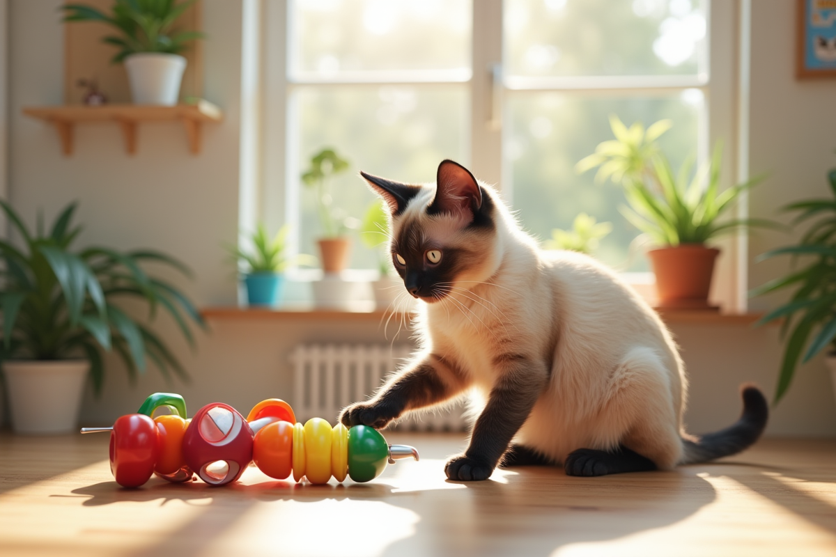 Chat siamois touche un jouet coloré dans une cuisine lumineuse