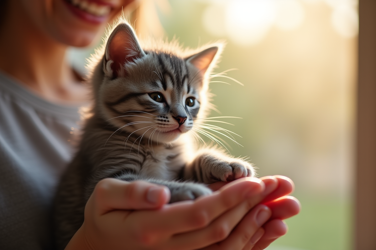 Chaton gris tenu dans les mains d