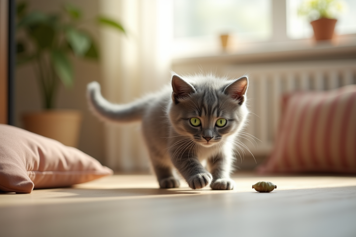 Chaton gris aux yeux verts explore un salon lumineux