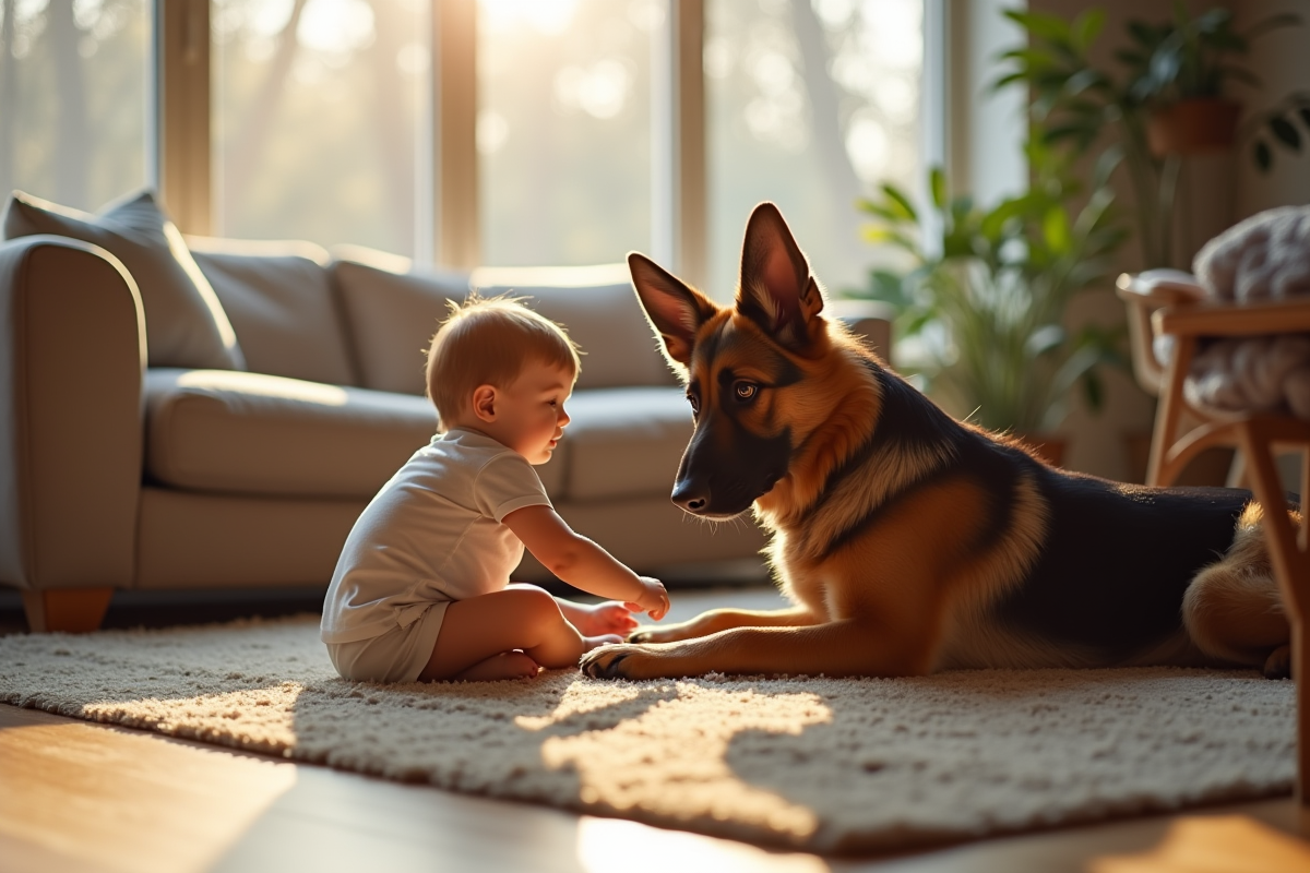 Chien belge shepherd jouant avec un enfant dans un salon lumineux