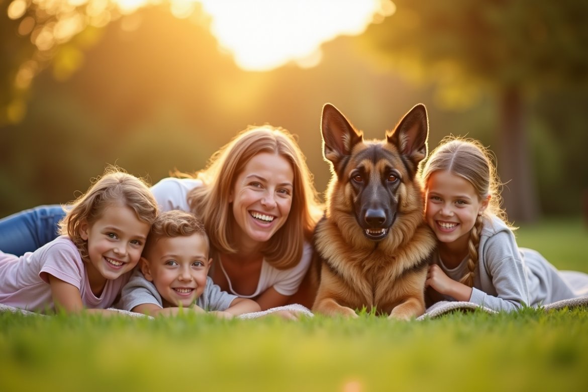 Chien belge shepherd avec famille sur la pelouse ensoleillee