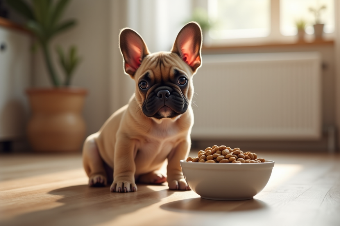 Chiot bulldog français attentif près d'une gamelle de croquettes