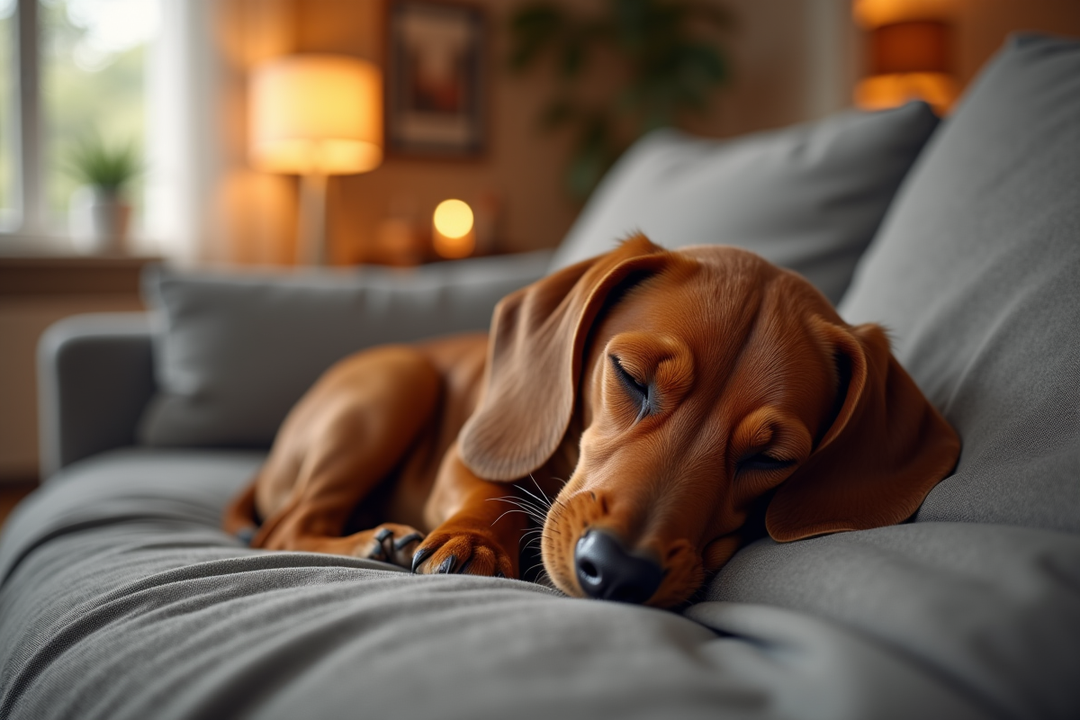 Chiot dachshund reposant dans un salon cosy en famille
