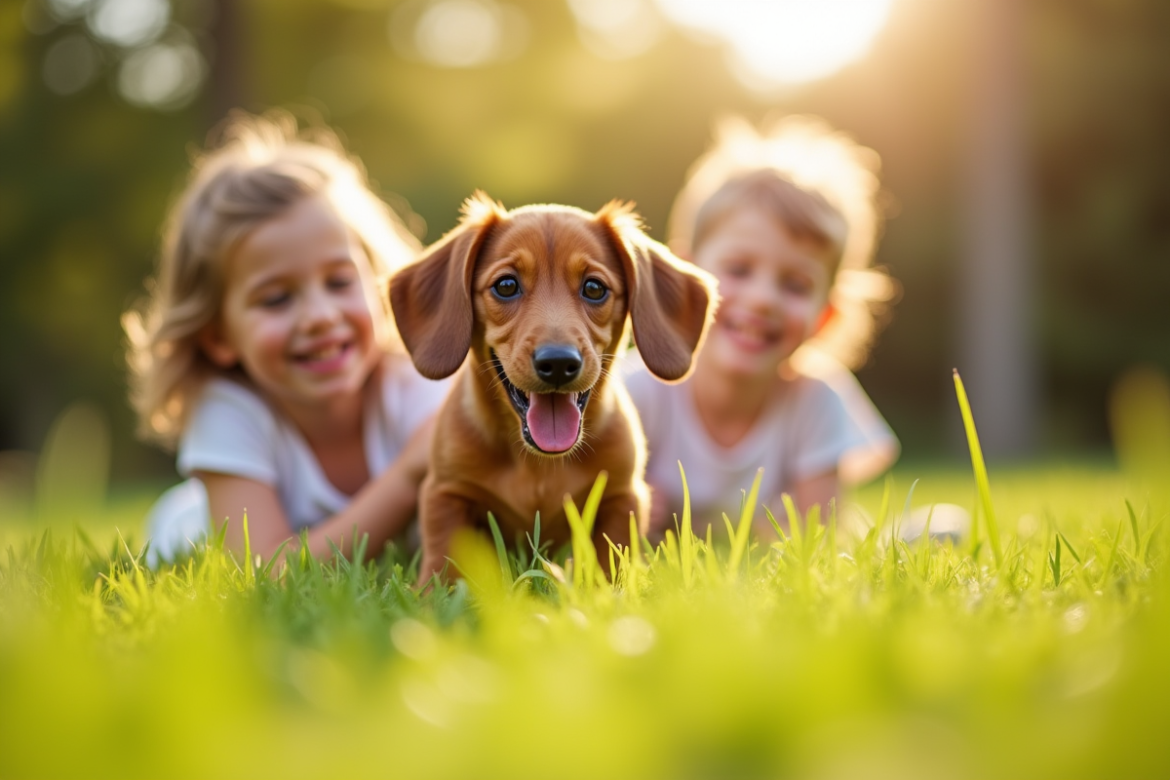Chiot dachshund jouant avec des enfants dans le jardin ensoleille
