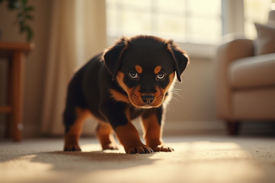 Jeune chiot rottweiler explorant un salon lumineux