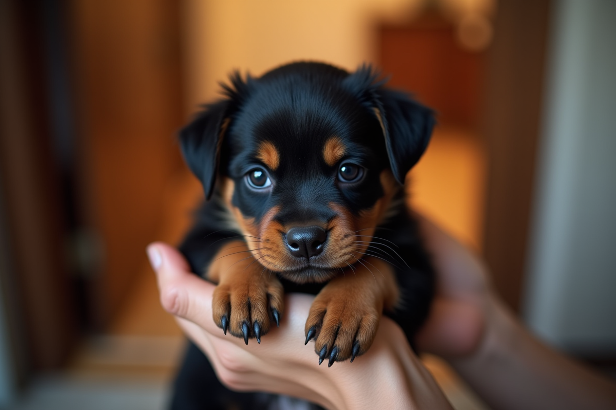 Chiot rottweiler tenu dans les mains près de l