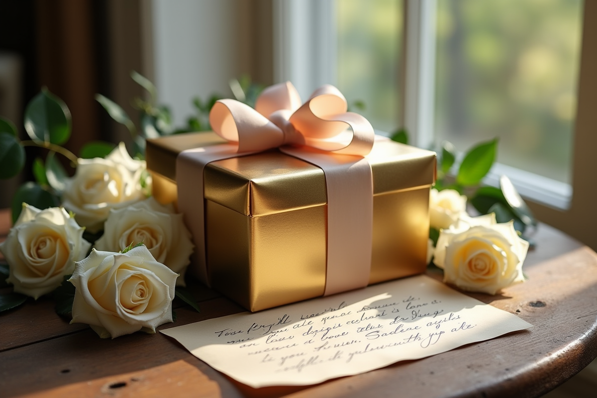 Coffret en étain entouré de roses blanches et lettre d