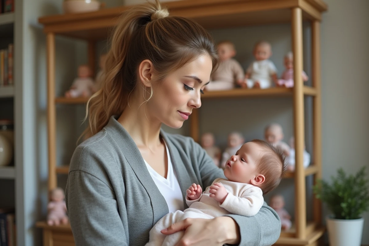 Collectionneuse tenant une poupée reborn fille réaliste dans une boutique spécialisée avec étagères de poupées en arrière-plan