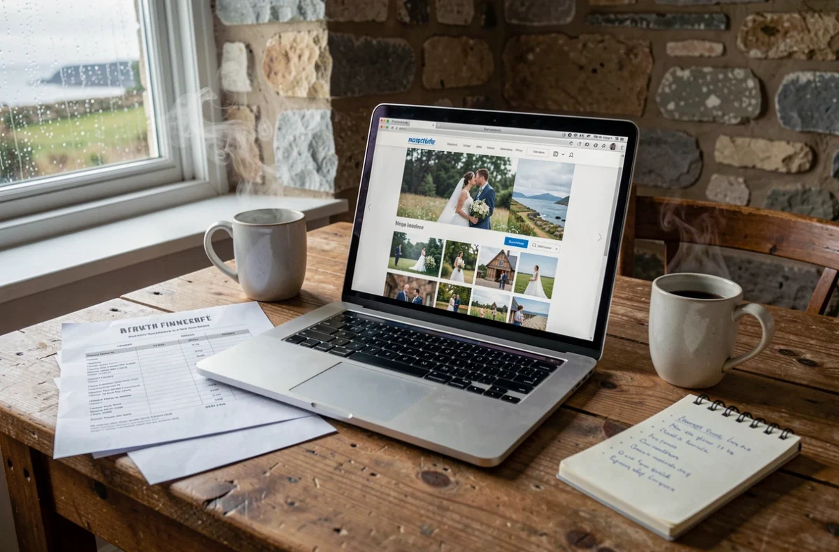 Comparaison d'offres de photographes de mariage en ligne sur un ordinateur portable avec devis imprimés à Brest