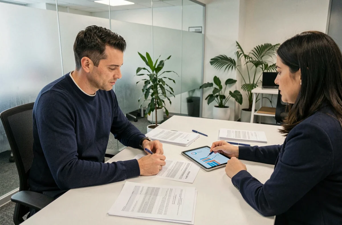 Homme en rendez-vous avec un conseiller fiscal pour ajuster son taux d'imposition suite à un changement de situation personnelle