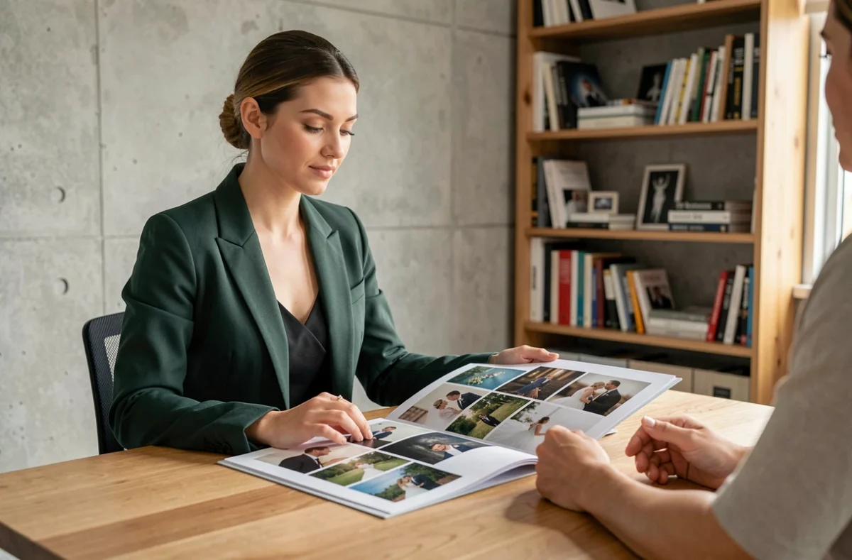 Photographe de mariage présentant son portfolio lors d'une consultation client dans un studio à Brest