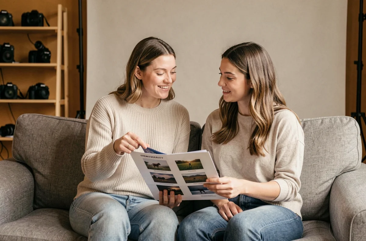 Deux femmes consultant un portfolio de photographie artistique dans un studio professionnel accueillant