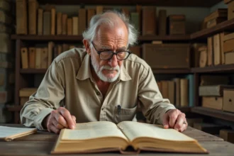 Vieil homme consultant un registre municipal ancien dans une salle d'archives de village français