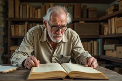 Vieil homme consultant un registre municipal ancien dans une salle d'archives de village français