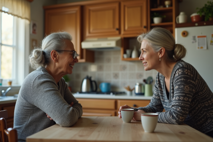 Femme et mère en discussion dans une cuisine lumineuse