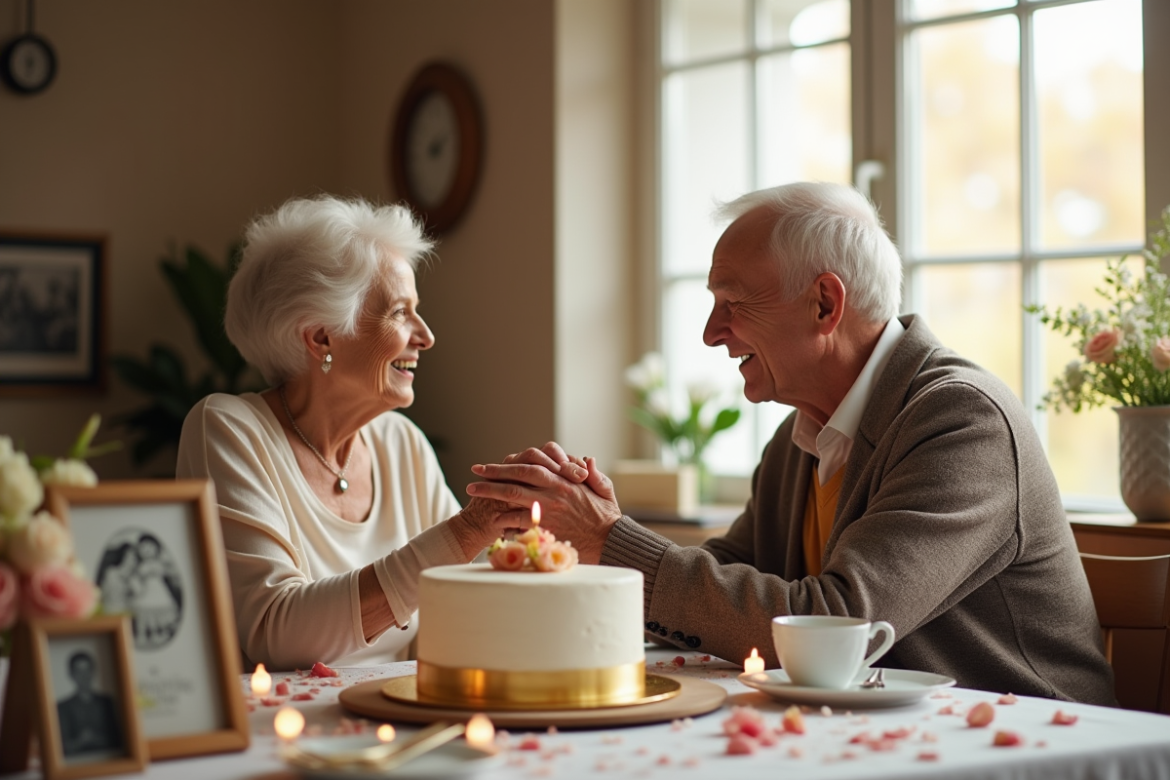 Couple d'anciens élégants souriant lors d'un anniversaire dans un salon chaleureux