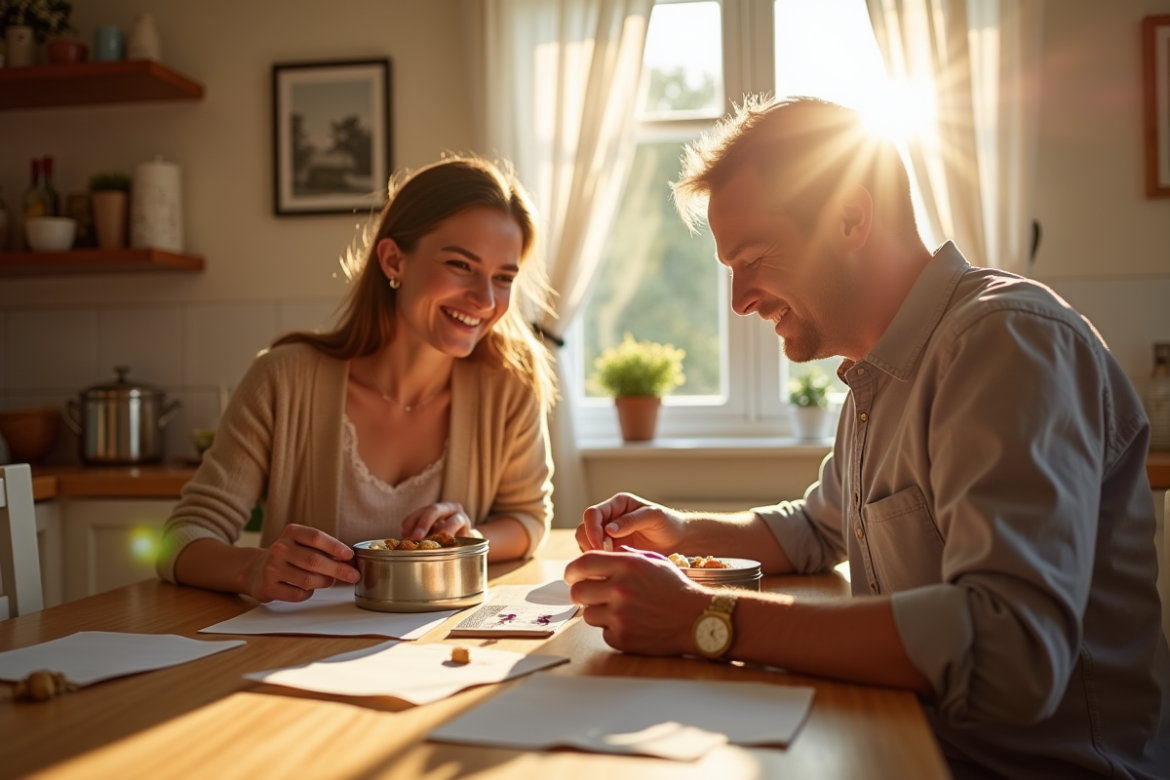 Couple heureux échangeant des cadeaux en étain personnalisé