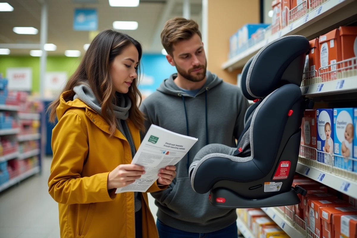 Couple comparant les notes de sécurité de sièges auto en magasin à l'aide d'un guide comparatif imprimé