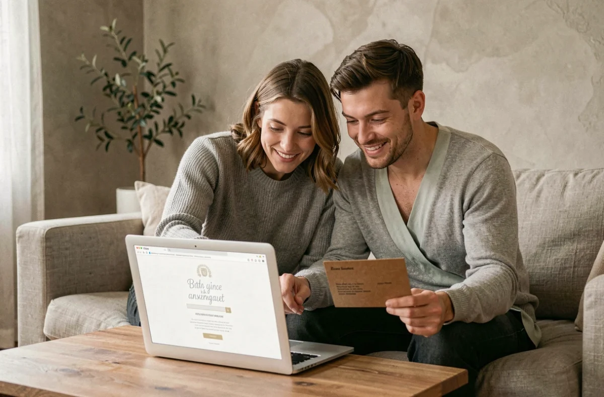 Couple choisissant un modèle de faire-part de naissance gratuit et sans publicité sur un ordinateur portable dans leur salon