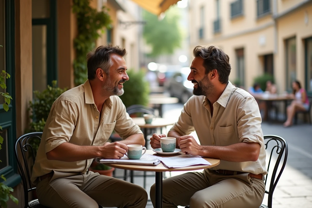 Deux hommes partageant un moment complice en terrasse de café, évoquant la discrétion et la complicité d'un couple célèbre protégeant sa vie privée