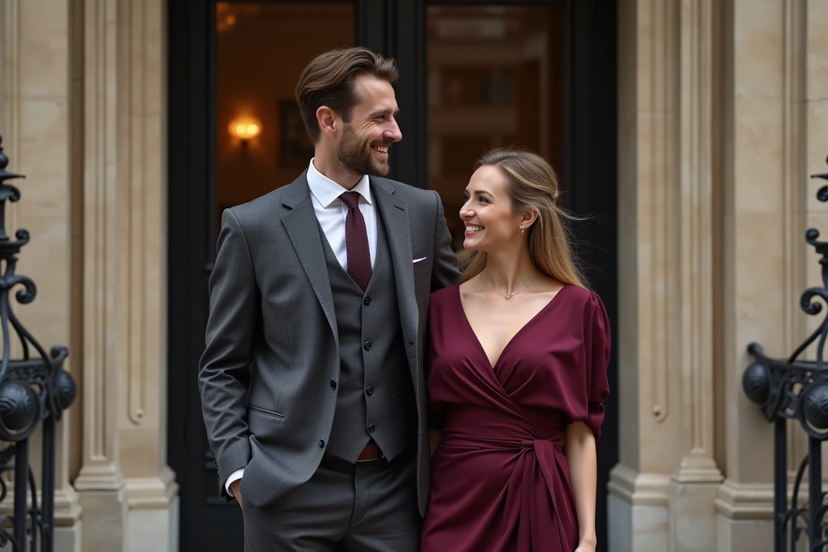 Couple élégant devant un bâtiment parisien, illustrant une relation discrète et complice dans l'univers médiatique