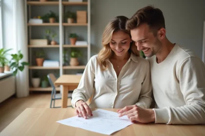 Jeune couple de futurs parents assis à une table en bois consultant leur liste de naissance minipouce dans un appartement moderne et lumineux