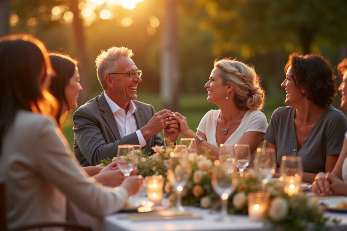 Couple mature riant lors d une reception en plein air