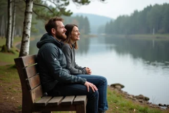 Couple assis sur un banc au bord du lac dans la forêt