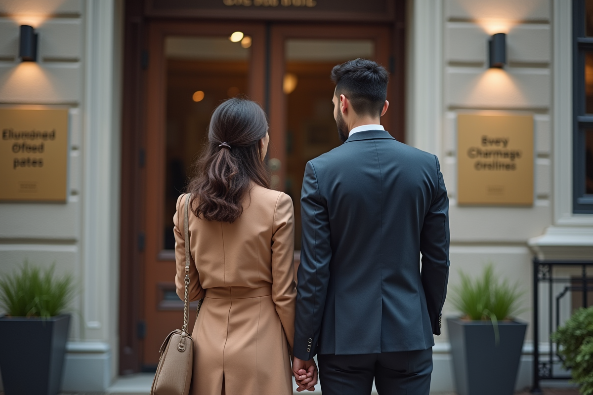 Couple divers lisant annonces de bans devant mairie en plein jour