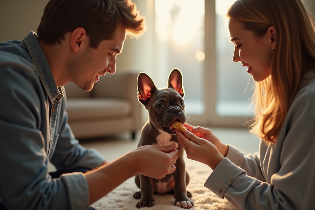 Jeune couple donnant à manger à un chiot bulldog français dans un salon