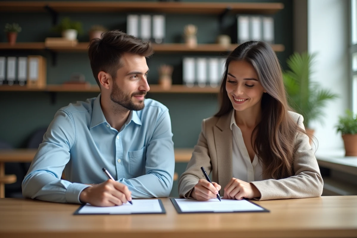 Jeune couple remplissant des formulaires PACS dans un bureau