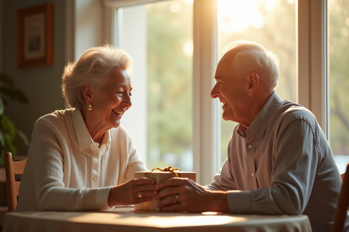 Couple senior échangeant un cadeau lors d'un dîner ensoleille