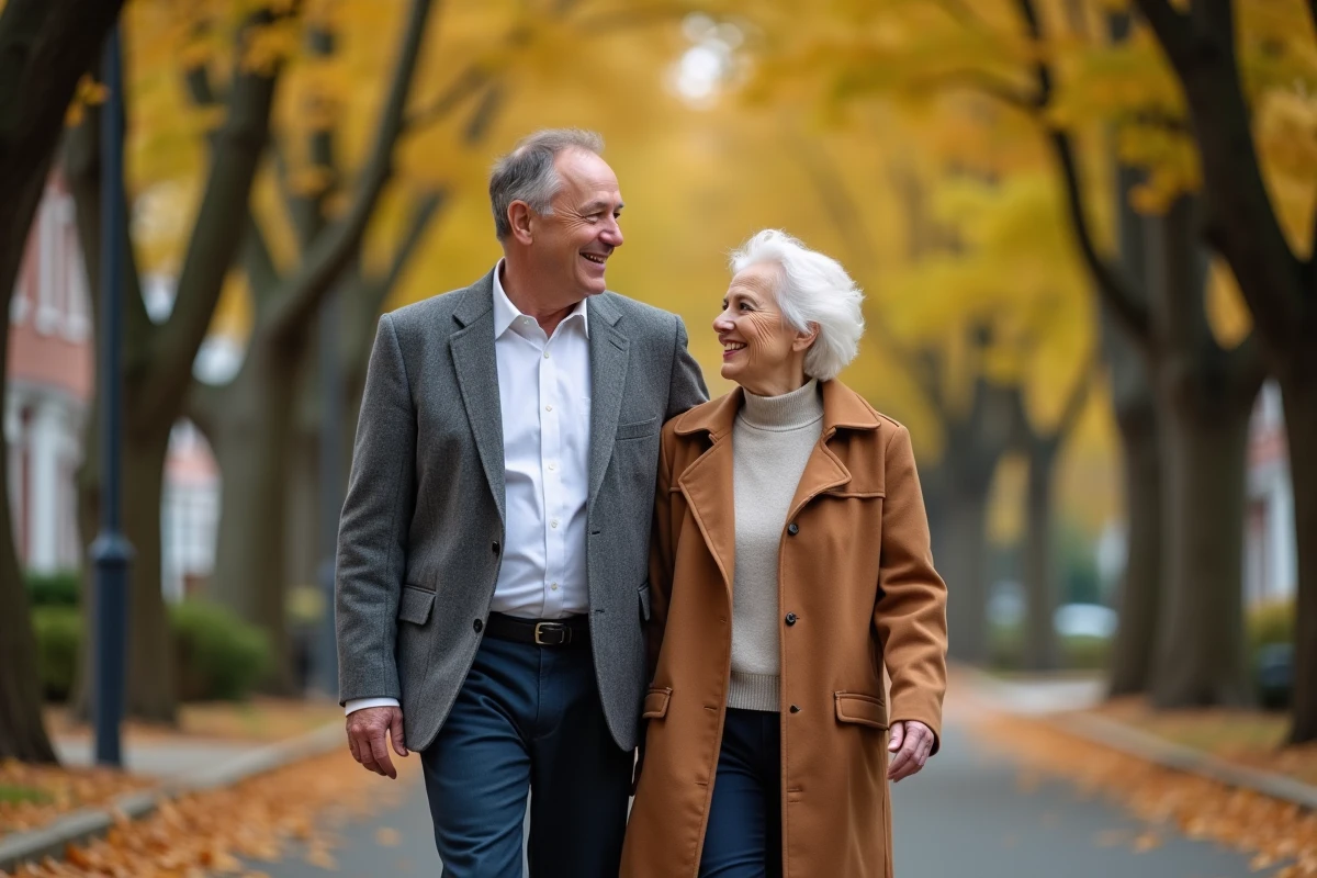 Couple d'âge mûr se promenant ensemble dans une rue arborée en automne, illustrant la vie de famille et le mariage d'Alexis Knief
