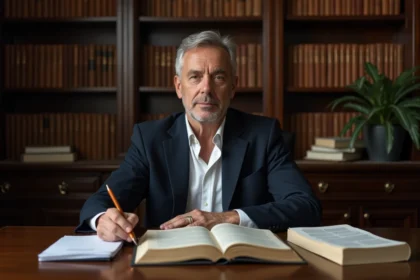 Criminologue français dans son bureau parisien entouré de livres, portrait 3/4 reflet de sa vie intellectuelle et professionnelle