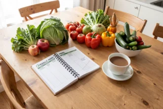 Cuisine familiale avec un cahier de menus et des légumes frais