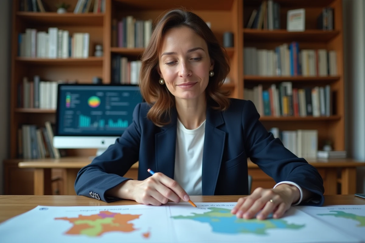 Démographe française analysant des cartes généalogiques et statistiques sur la consanguinité en France dans un bureau universitaire