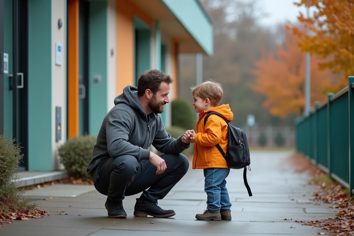 Père déposant son fils devant une crèche ou halte-garderie pendant les vacances scolaires d'octobre