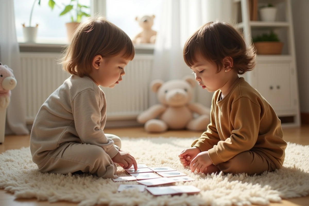 Deux enfants de 4 ans jouant à un jeu de memory sur un tapis dans une chambre lumineuse