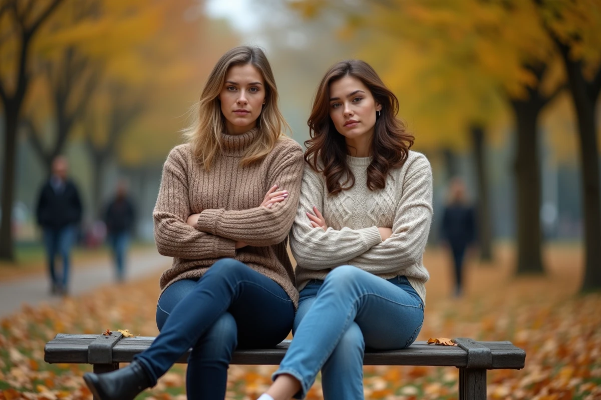 Deux femmes assises sur un banc dans un parc en automne