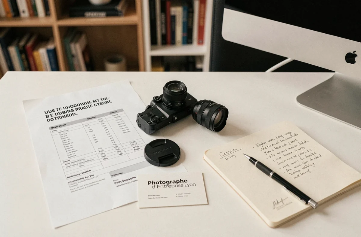 Devis de reportage photo d'entreprise à Lyon avec matériel photographique posé sur un bureau