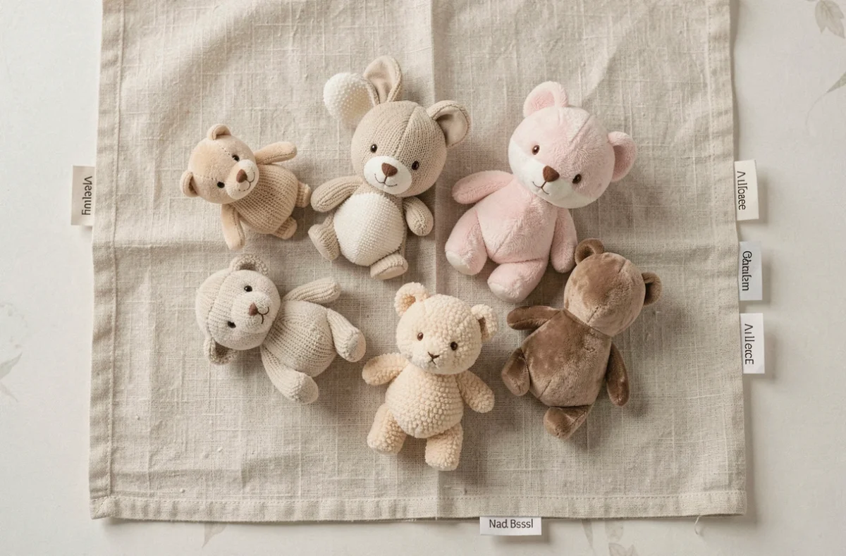 Sélection de doudous hypoallergéniques en différentes textures naturelles disposés en flat lay sur tissu mousseline bio