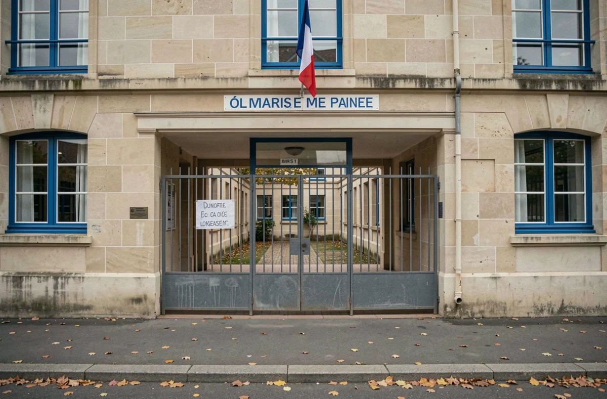 École primaire française fermée avec portail verrouillé et affichage d'absence pour cause de grève enseignants ou alerte canicule