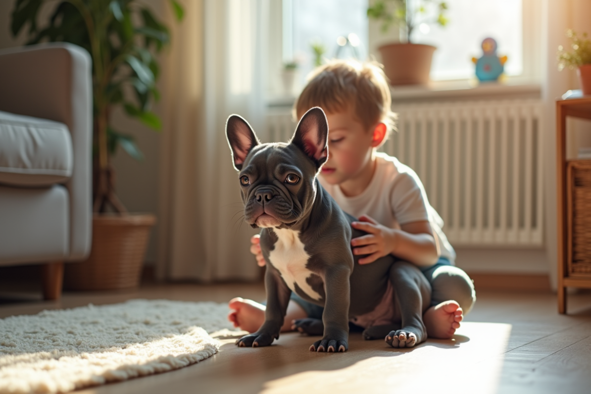 Jeune enfant brossant un bulldog français bleu en lumière naturelle
