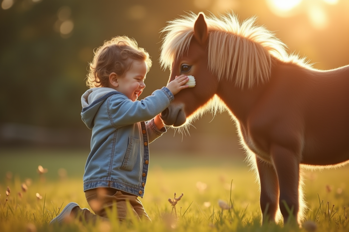 Jeune enfant brossant un poney au matin en extérieur