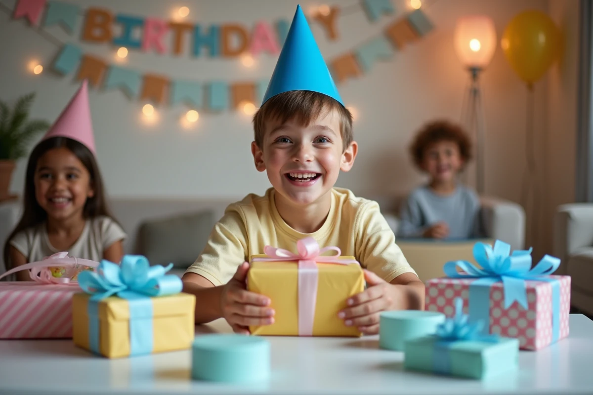 Enfant joyeux entouré de cadeaux bien organisés lors de son anniversaire sans doublons