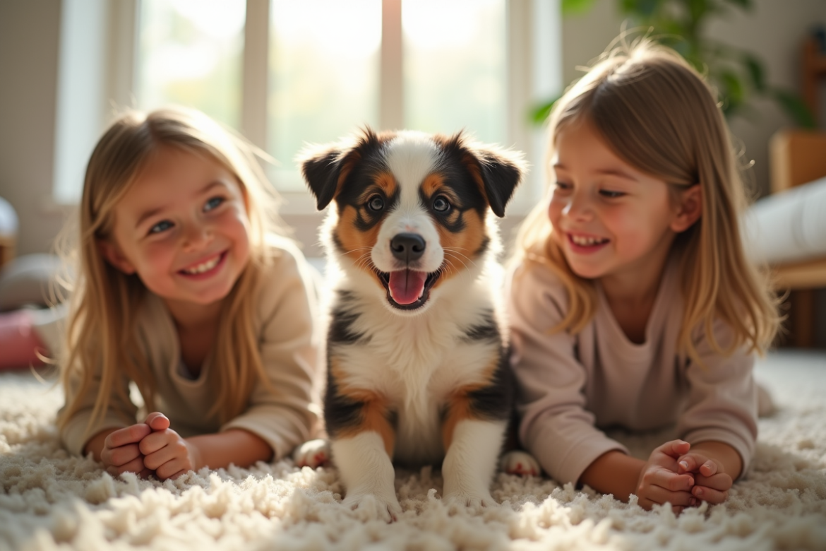 Moment joyeux entre enfants et chiot australien dans un salon lumineux