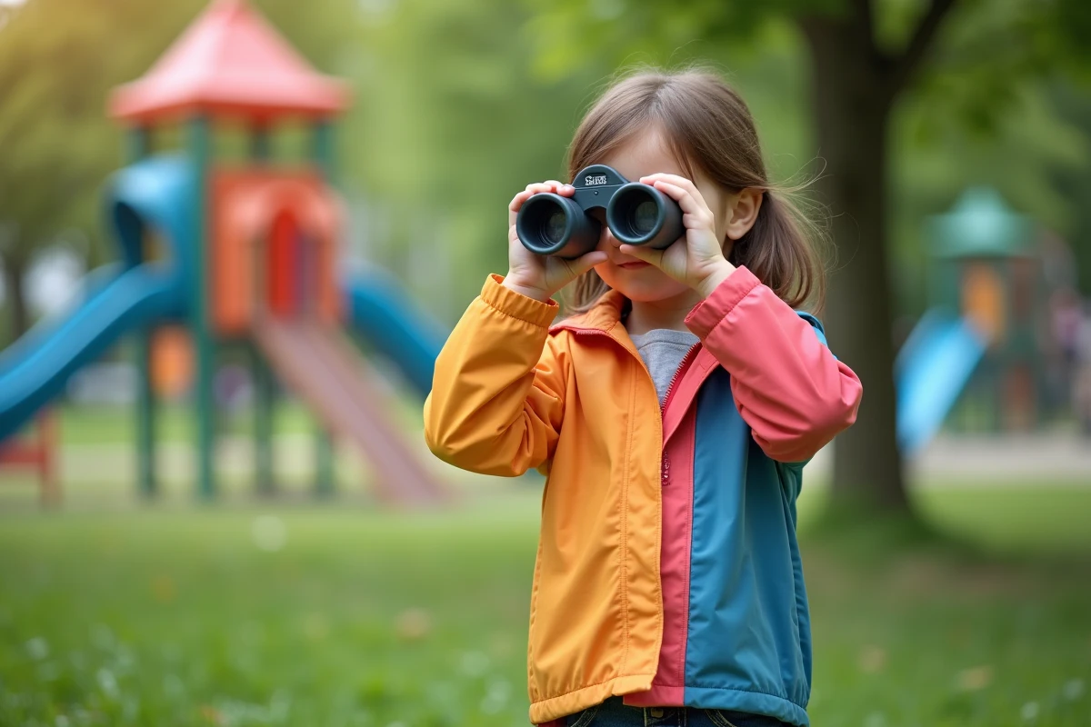 Fille curieuse de 7 ans avec jumelles dans un parc