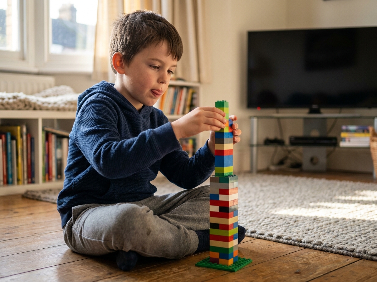 Enfant concentré jouant avec des LEGO sur le sol d'un salon, la télévision éteinte en arrière-plan